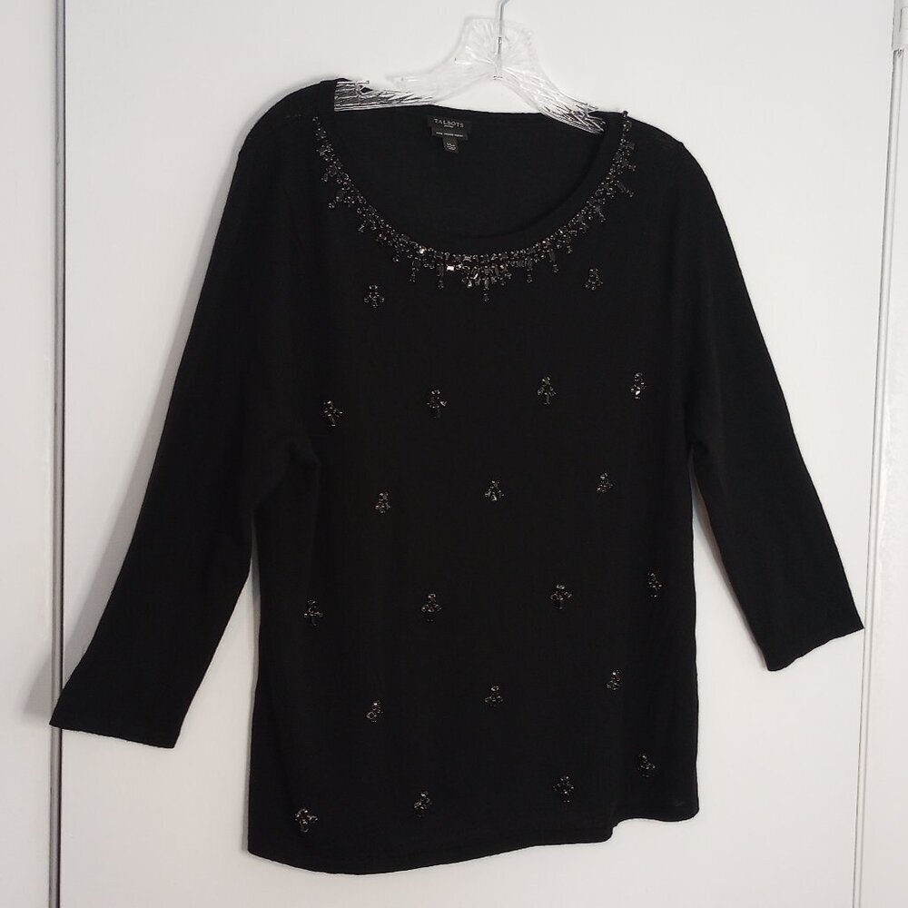Talbots Black Italian Merino Wool Beaded Embellished Sweater